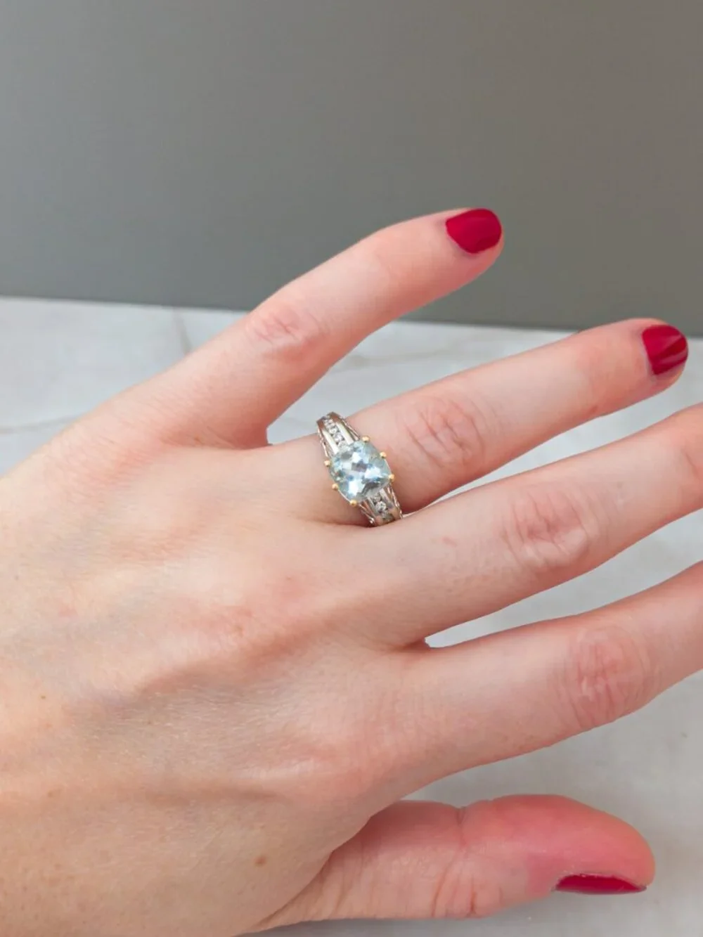 14K Two Tone Gold Aquamarine Diamond Ring approx. 2ct Cushion Size 6.5